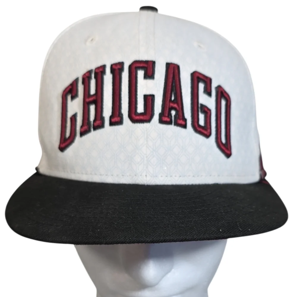 New Era White and Black Chicago Snapback Hat with Burgundy Lettering